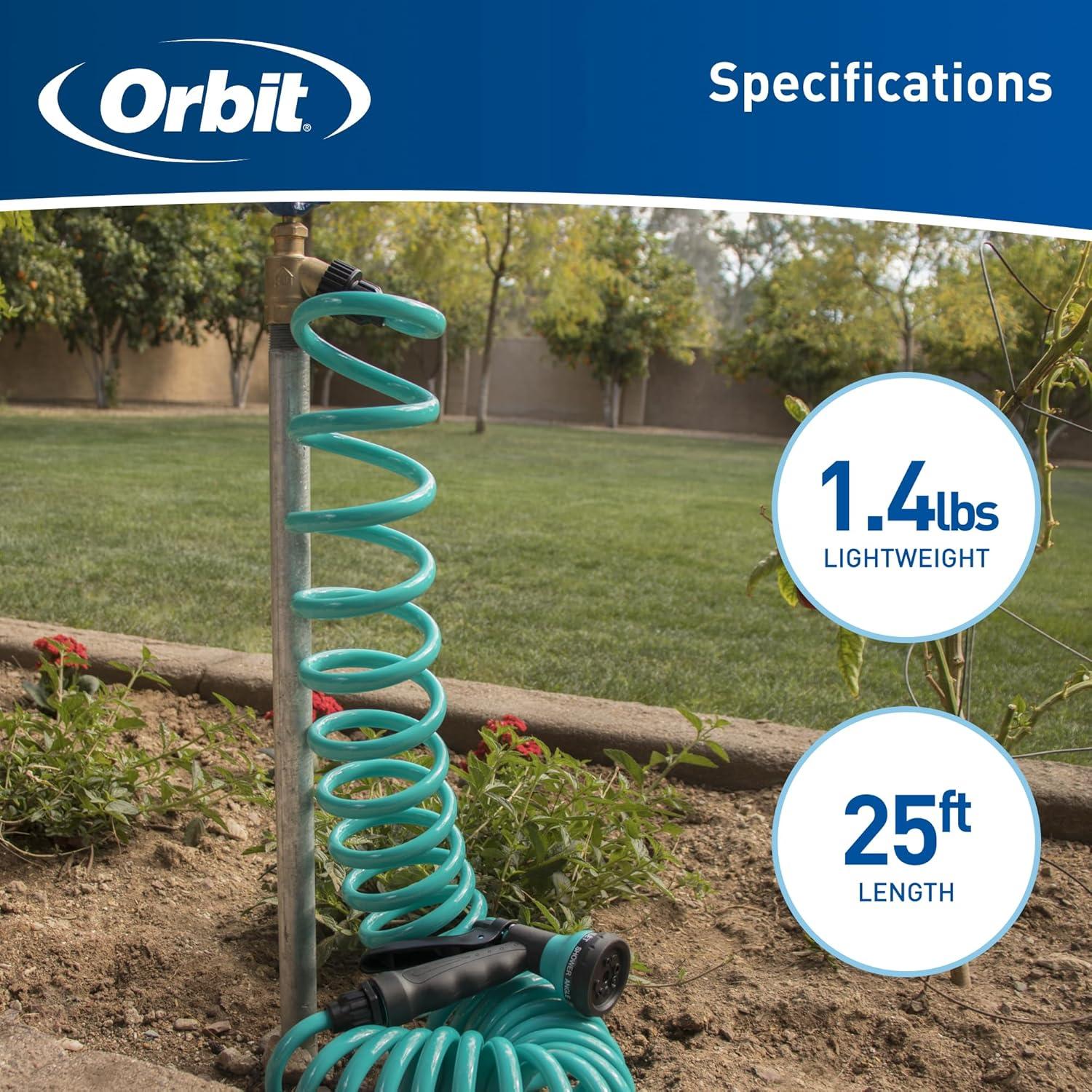 image:imageOrbit 26381 Coil Garden Hose 25 Feet with 8Pattern Hose Nozzle BlueBlue