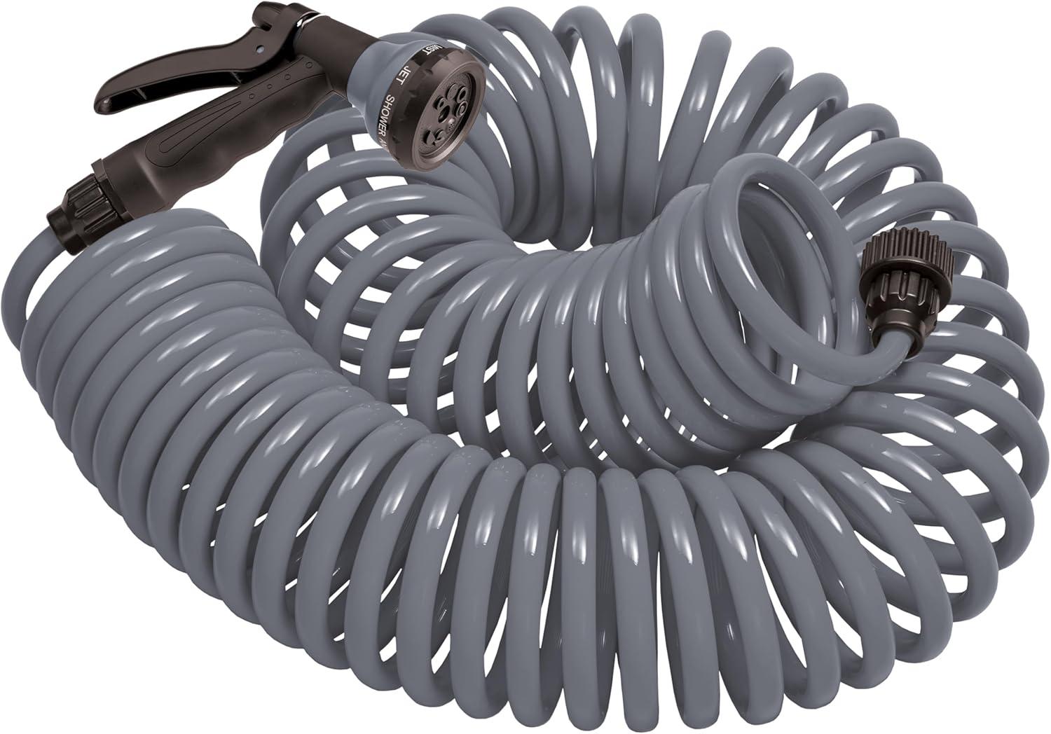 image:imageOrbit 26381 Coil Garden Hose 25 Feet with 8Pattern Hose Nozzle BlueGray