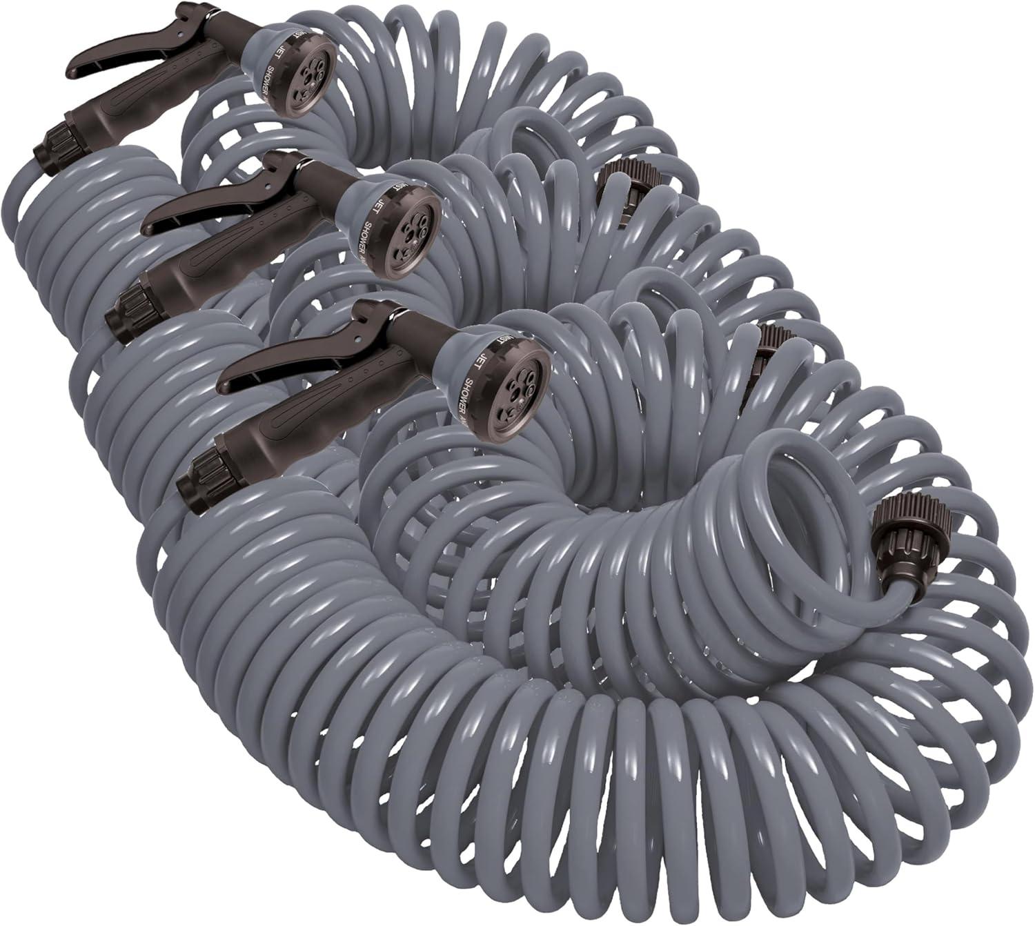 image:imageOrbit 26381 Coil Garden Hose 25 Feet with 8Pattern Hose Nozzle BlueGray
