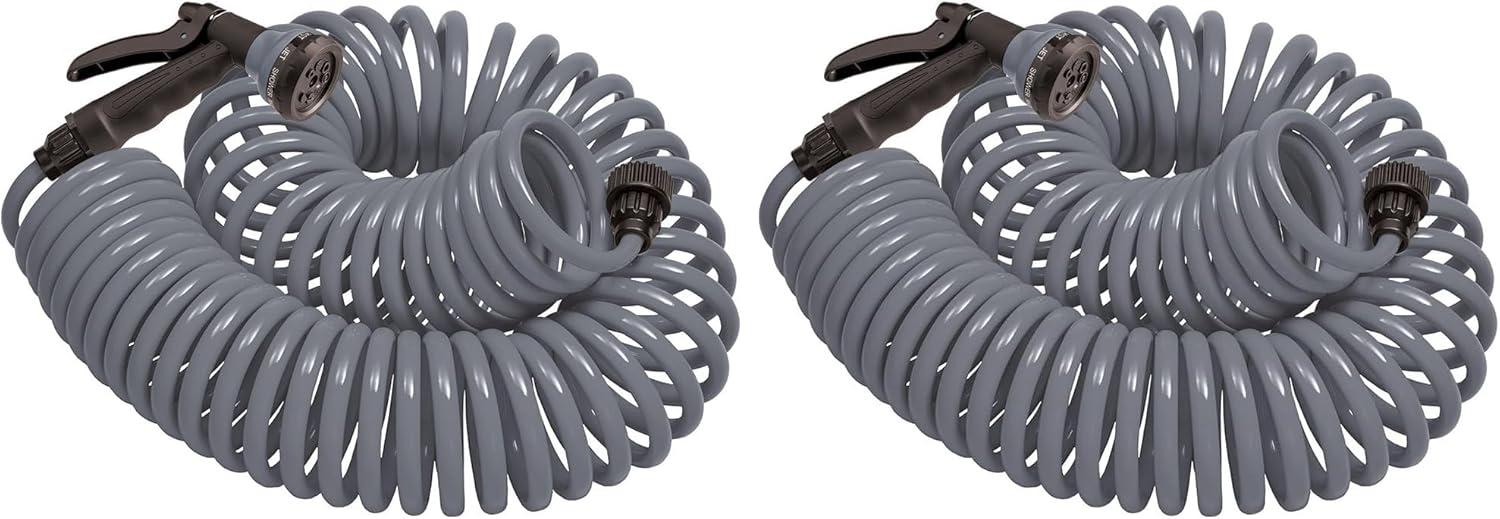 image:imageOrbit 26381 Coil Garden Hose 25 Feet with 8Pattern Hose Nozzle BlueGray
