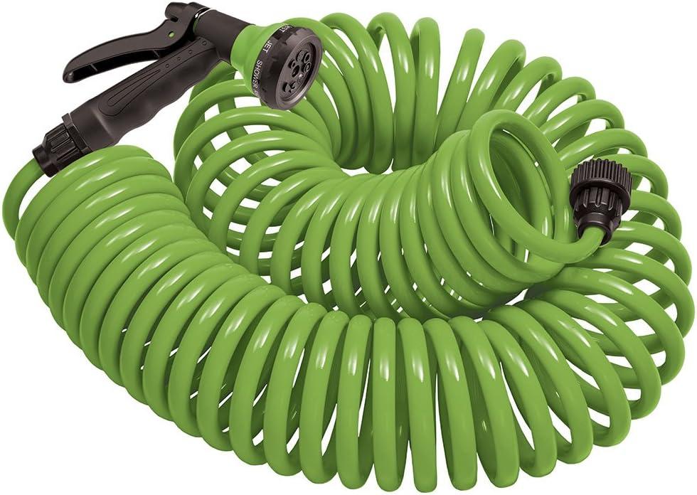 image:imageOrbit 26381 Coil Garden Hose 25 Feet with 8Pattern Hose Nozzle BlueGreen
