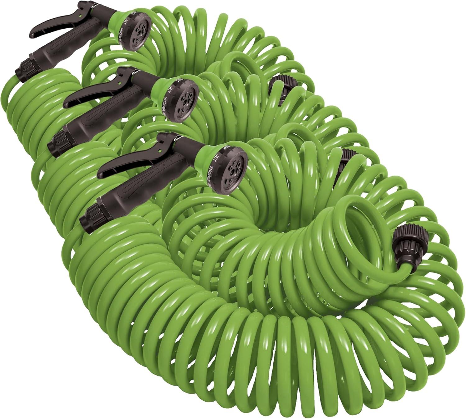 image:imageOrbit 26381 Coil Garden Hose 25 Feet with 8Pattern Hose Nozzle BlueGreen
