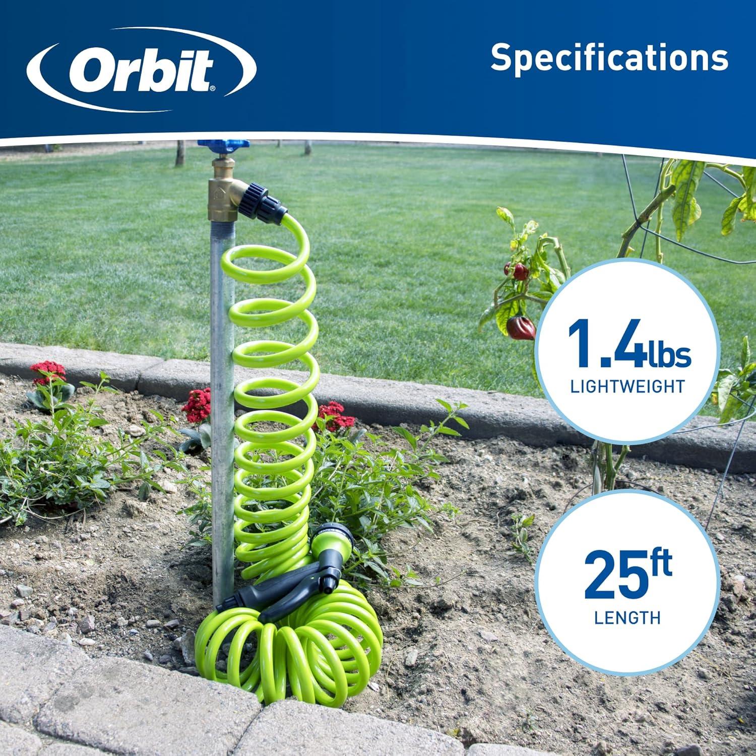 image:imageOrbit 26381 Coil Garden Hose 25 Feet with 8Pattern Hose Nozzle BlueGreen