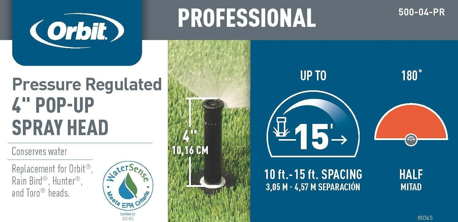 image:imageOrbit 80314 4inch Professional PressureRegulating PopUp Spray Head Sprinkler with 15Foot Brass Nozzle Half SprayHalf Pattern
