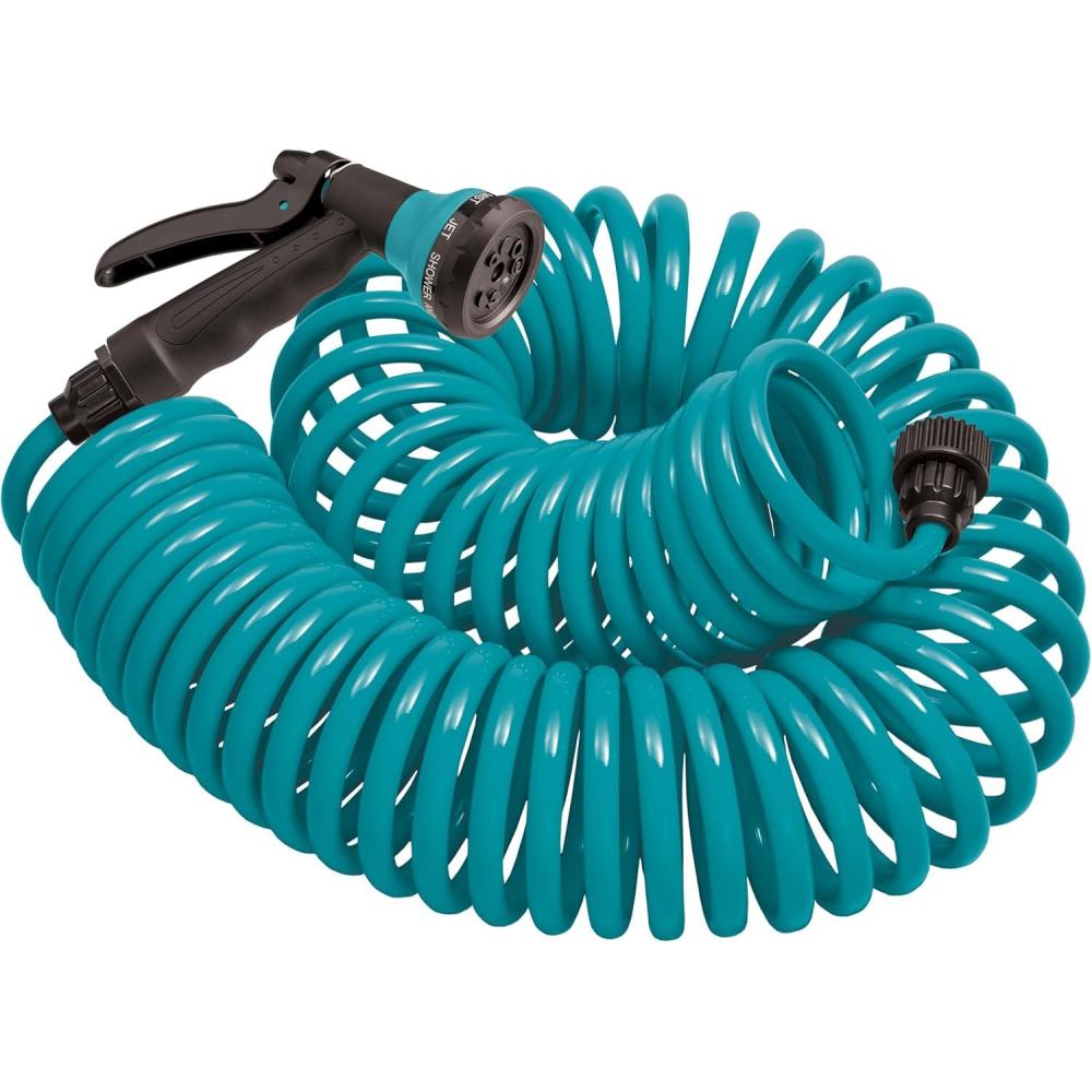 image:imageOrbit 26381 Coil Garden Hose 25 Feet with 8Pattern Hose Nozzle BlueBlue
