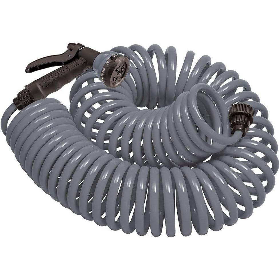 image:imageOrbit 26381 Coil Garden Hose 25 Feet with 8Pattern Hose Nozzle BlueGray