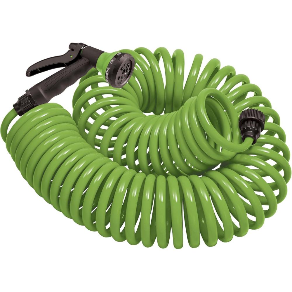 image:imageOrbit 26381 Coil Garden Hose 25 Feet with 8Pattern Hose Nozzle BlueGreen